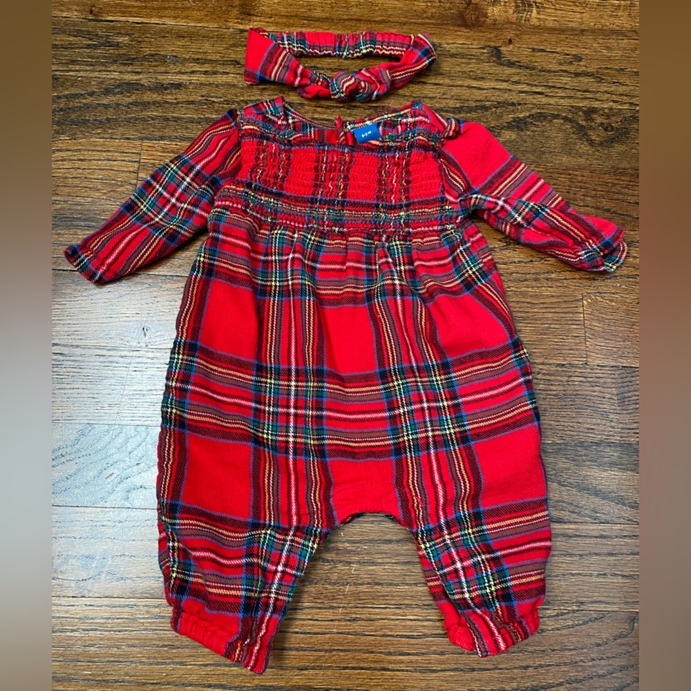 0-3m baby girl red plaid outfit headband holiday set cotton blend onesie matchy